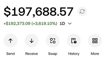 The image displays a crypto wallet interface showing a balance of $197,688.57, with a daily gain of +$192,373.09 (+3,619.10%), along with standard transaction options (Send, Receive, Swap, History, More). This illustrates the post's claim of significant gains in $NEAR-related tokens ($NEAR, $NEARLY, and $RRR), with the substantial 1-day percentage increase reflecting the trader accumulating nearly $200K in value from these positions.