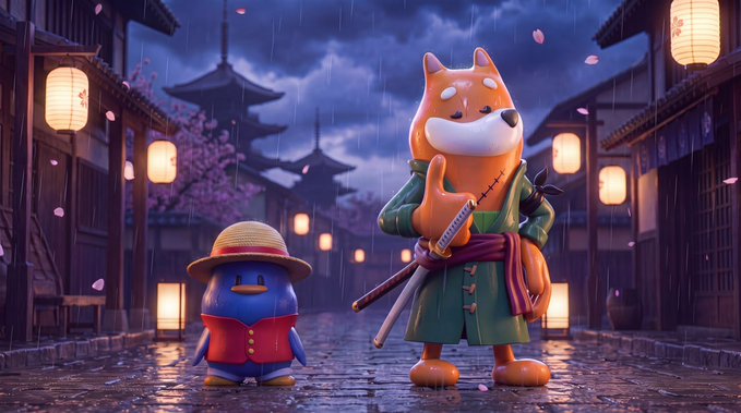 A whimsical 3D illustration of a Shiba Inu dressed as a samurai with swords standing next to a small blue character wearing a straw hat, set on a rainy Japanese street at dusk with glowing lanterns.