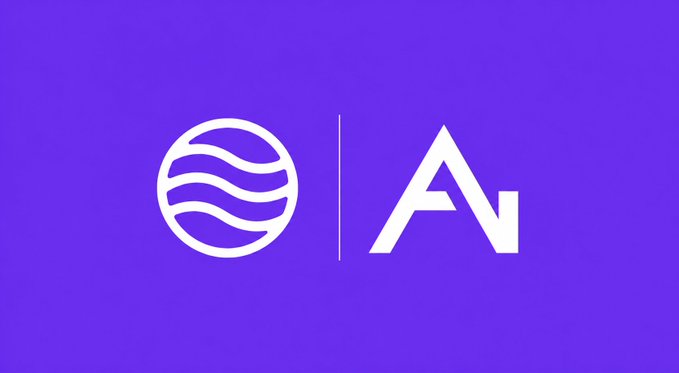 A purple background displays white logos for what appears to be a cryptocurrency, featuring a globe with waves and a stylized "A".