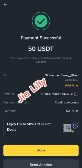 The image features a screen shot of a cell phone showing a payment success message for a giveaway. The winning person's details are listed, including their username (Nicky), Udit's gaming account number, and additional funding amounts (50 USDT). There is also a link to a web page that provides more information about the giveaway, as well as instructions on how to participate by sending another email address or using the provided drop-off method. The text "Payment successful!" confirms this successful payment.