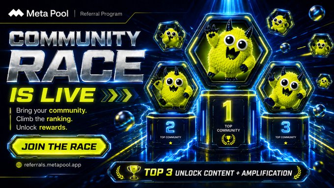 The image is a promotional banner for the Meta Pool Referral Program's Community Race, featuring a leaderboard with a 1st place trophy, yellow monster characters, and the text "Community Race is Live — Bring your community, climb the ranking, unlock rewards," along with a call to "Join the Race" at referrals.metapool.app. The post highlights that the race is officially live, encouraging users to stake $NEAR and $SOL to climb the leaderboard and unlock rewards and amplification.