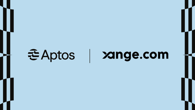 A light blue graphic displays the Aptos logo alongside "xange.com" separated by a vertical divider, with black-and-white striped patterns framing both sides of the image to highlight a partnership announcement between Aptos and Xange.com regarding a sovereign climate mitigation pipeline for Chad.