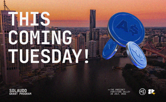 Promotional banner for 'SOLAUDIT GRANT PROGRAM' with text 'THIS COMING TUESDAY!' and event details '>> THE PRECINCT FORTITUDE VALLEY 28 JULY, 2026' displayed over a Brisbane cityscape with large blue A$ coins.
