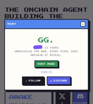 A pixel-art style web interface titled 'THE ONCHAIN AGENT BUILDING THE' with a 'MINT' window showing 'GG.' as revealed text, noting it is yours and unrevealed pixels go onchain at reveal.