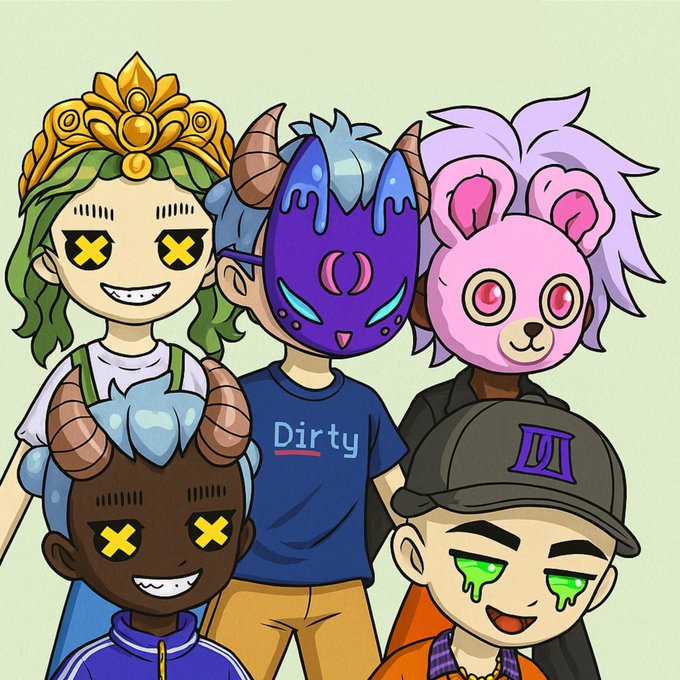 An anime-style illustration features characters wearing colorful masks, including one with X-shaped eyes and another wearing a bear mask, with the word 'Dirty' on a blue shirt.
