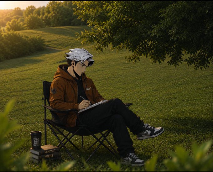 An anime-style illustration of a silver-haired man in an orange jacket sitting in a folding chair on a grassy hill, writing in a notebook at sunset.