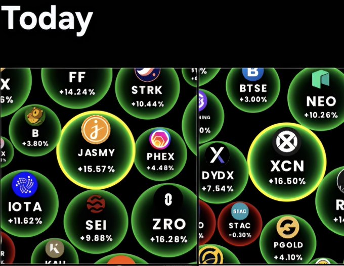 A crypto market dashboard displays top daily gainers in green bubbles, with JASMY (+15.57%) and XCN (+16.50%) highlighted as standout performers alongside other notable gainers like ZRO (+16.28%), IOTA (+11.62%), and STRK (+10.44%). The image visually reinforces the post's celebration of JASMY and XCN as top performers, validating the poster's call to "IYKYK" (if you know, you know).