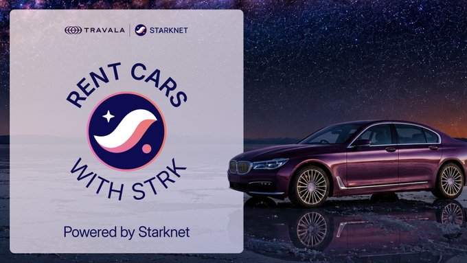 The image features a purple car parked next to a starry night sky backdrop, with the text "Rent Cars With Fiat" displayed above the car. The background of the image includes stars and a planet, creating an atmosphere reminiscent of outer space. Below this scene is a banner that reads "Rent cars with Fiat", indicating that the car rental service operates on the Fiat currency system. The post also mentions that the company has been powered by Starknet for over a year now, which implies that they have been using the Starknet platform to manage their operations and transactions.