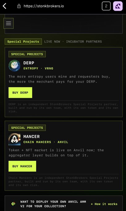 A mobile screenshot from stonkbrokers.io showing "Special Projects" listings including DERP (ENTROPY • VRNG) and MANCER (CHAIN MANCERS • ANVIL) with buy buttons.