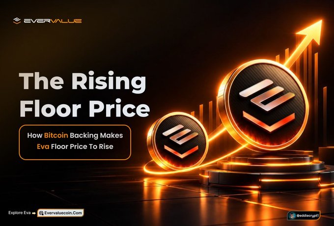Promotional graphic for EverValueCoin featuring the EverValue logo and the headline "The Rising Floor Price" alongside the tagline "How Bitcoin Backing Makes Eva Floor Price To Rise." It depicts two glowing coins with the EVA symbol set against an ascending bar chart with an upward arrow, visually reinforcing the post's explanation of how EverValue's burn mechanism, tied to Bitcoin backing, drives its floor price upward.