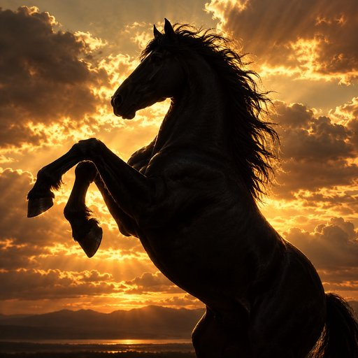 A dramatic silhouette of a black horse rearing up on its hind legs against a stunning sunset sky filled with golden clouds.