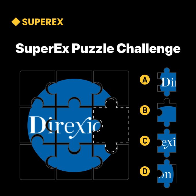The image promotes the "SuperEx Puzzle Challenge" featuring the SuperEx logo and a partially assembled puzzle with the word "Direxio" visible, where participants must identify the missing puzzle piece from four options (A, B, C, or D) to win a share of 25 USDT during the event period from 20/07/2026 to 23/07/2026.
