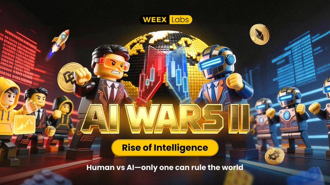 The promotional banner for WEEX Labs' "AI Wars II: Rise of Intelligence" hackathon, featuring cartoonish figures of humans and robots clashing with a central red and blue candlestick chart, visually represents the "Human vs AI" trading competition by pitting traders against algorithms on a shared crypto market stage.