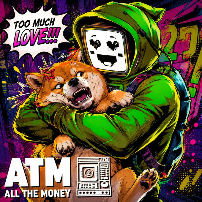 The image features a man wearing a green hoodie holding a Shiba Inu dog with its mouth open wide. The background of the image has various colors including pink, purple, blue, yellow, and orange. There are also some text elements in the image such as "Too much love!", "Love!", "Atm", and "All the money!".