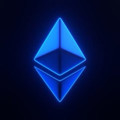 Glowing blue Ethereum (ETH) logo displayed against a dark blue background.