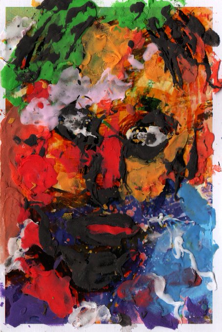 A heavily textured abstract portrait painting with thick, expressive brushstrokes in vibrant reds, greens, blues, blacks, and whites, roughly depicting a face.