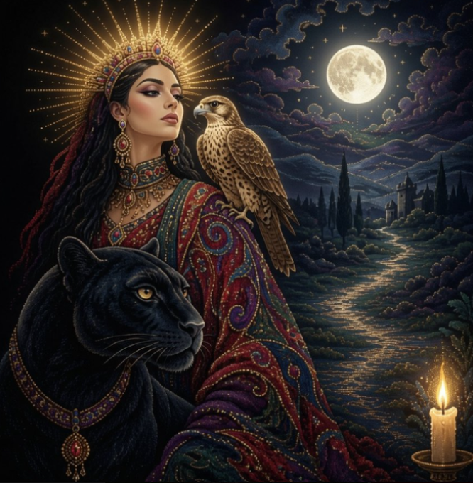 A mystical illustration of a woman wearing an ornate jeweled crown and elaborate robes, with a falcon perched on her shoulder and a black panther at her side, set against a moonlit landscape with a full moon.