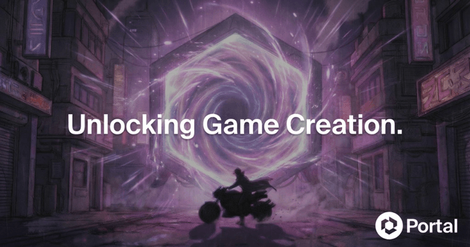 A figure on a motorcycle approaches a glowing purple portal in a neon-lit urban alleyway, with the text "Unlocking Game Creation." prominently displayed and the "Portal" logo in the corner—visually symbolizing the gateway to streamlined game development that the post describes as Portal Nexus (GameRouter) aims to provide through a unified backend API.