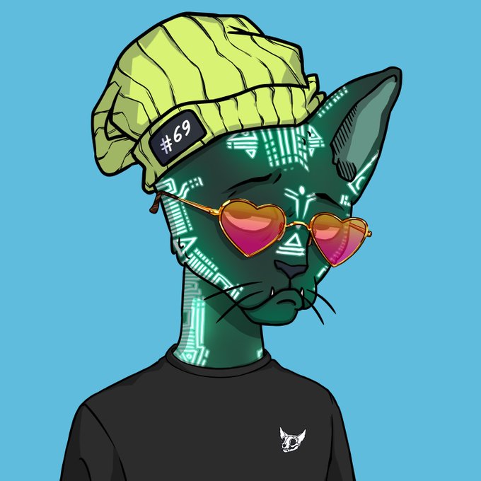 An anthropomorphic green cat with circuit-board markings wears a yellow beanie labeled "#69," heart-shaped sunglasses, and a black shirt with a small cat logo. The image ties to the post as a visual showcase of the NFT art referenced, with the "#69" tag likely being its token ID, matching the artist's casual endorsement of the aesthetic.