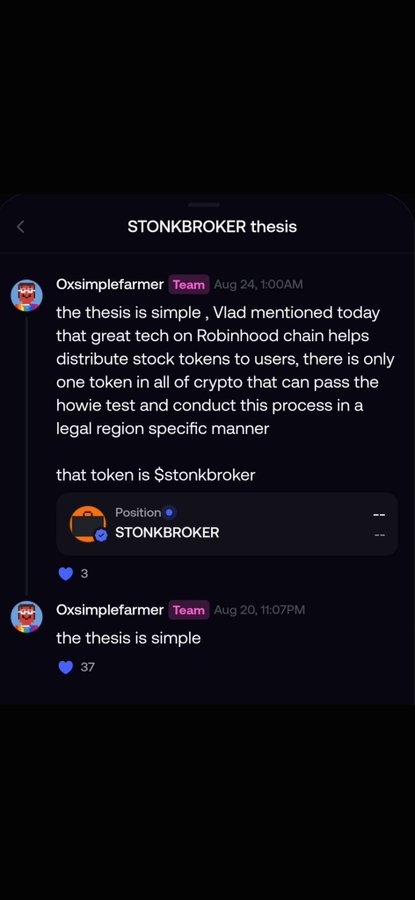 Discord discussion in #STONKBROKER thesis channel by user 'Oxsimplefarmer' explaining that $stonkbroker is the only crypto token that can pass the Howie test for distributing stock tokens on Robinhood chain.