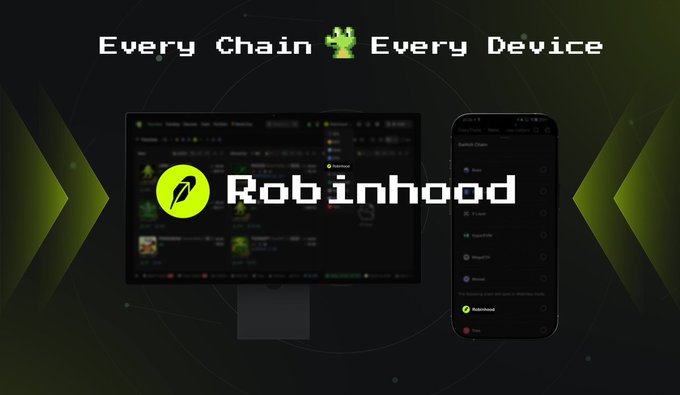 The image shows a promotional graphic for GMGN featuring the text "Every Chain 🐸 Every Device" alongside a desktop monitor and smartphone displaying trading interfaces, with the "Robinhood" name and logo prominently overlaid in the center to announce that Robinhood's newly launched chain is now tracked on GMGN across web and mobile platforms.