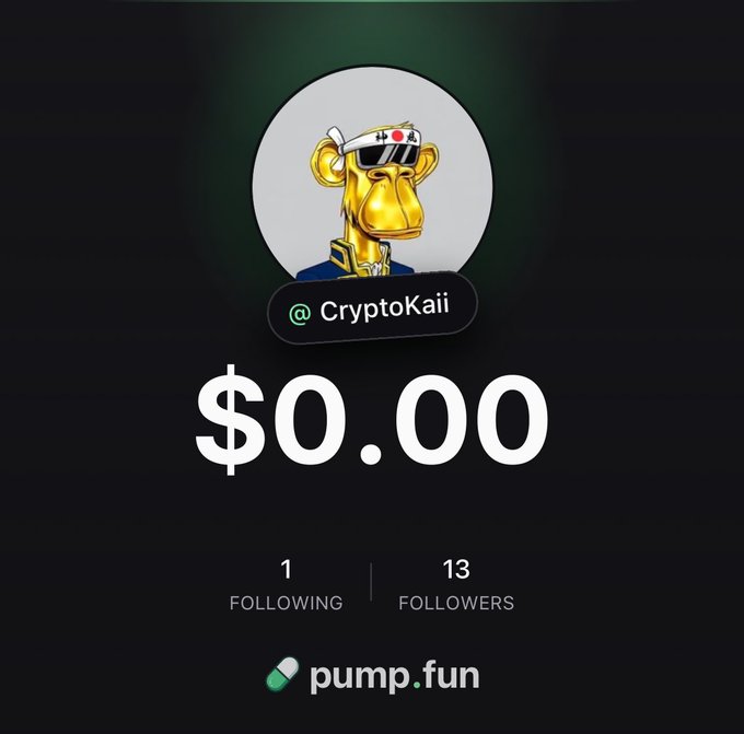 A profile screen showing a Bored Ape NFT character with sunglasses and a headband, under the username '@CryptoKaii', displaying a balance of $0.00, 1 following, and 13 followers, with a 'pump.fun' logo at the bottom.