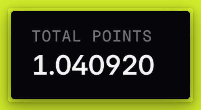 A digital display shows "TOTAL POINTS 1.040920" in white text on a black background with a yellow-green border, representing the user's accumulated points from farming Lighter.xyz rewards through trading perpetual futures on the Robinhood Crypto chain.