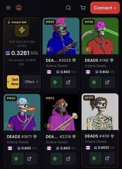A dark-themed NFT marketplace interface displaying a 'Solana Deads' collection with skeleton character art pieces priced around 0.603 SOL each, featuring an instant sell option for 0.3261 SOL.