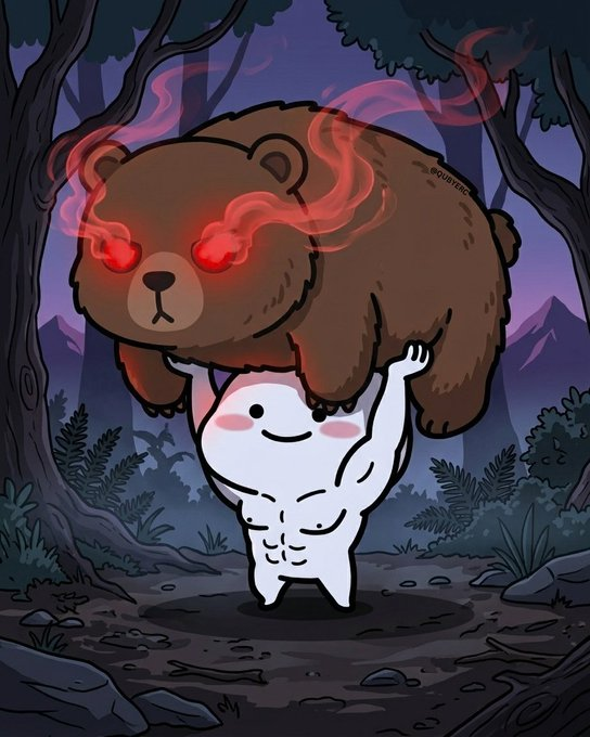 A muscular white cartoon figure triumphantly lifts a giant, glowing-eyed brown bear above its head in a dark forest—symbolizing bullish market power overcoming bearish forces. The watermark "@Distorted" is visible on the bear, and the image's "bull vs bear" theme reinforces the post's optimistic "gm, lets work" energy.