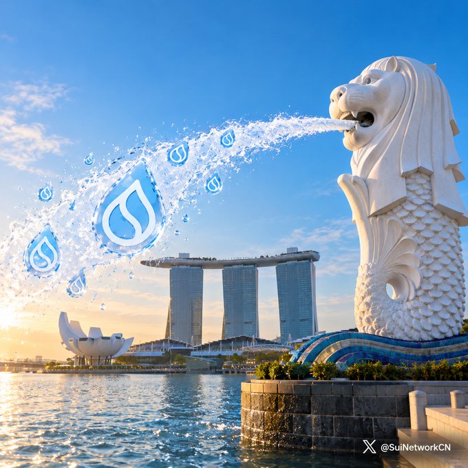 The Merlion statue in Singapore spouts water into Marina Bay with the Marina Bay Sands hotel in the background, overlaid with SUI crypto logos and watermark '@SuiNetworkCN'.