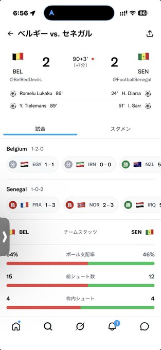 A sports app screen shows a Belgium vs Senegal match ending 2-2, with goal scorers Romelu Lukaku and Y. Tielemans for Belgium and H. Diarra and I. Sarr for Senegal, alongside team stats.
