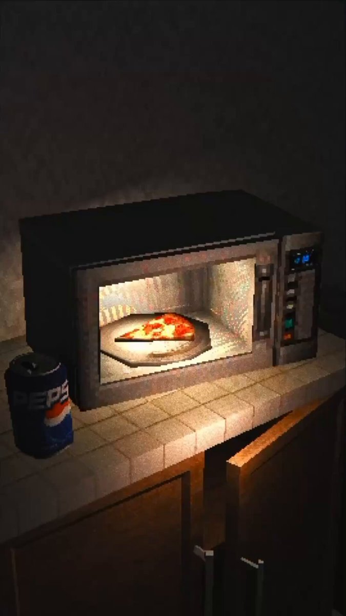 The image features a microwave oven with a pizza inside, sitting on top of a countertop or table. There are also two cans of soda next to the microwave - one blue can and one green can. The background appears to be dark, which contrasts with the brightly lit microwave and adds depth to the scene.