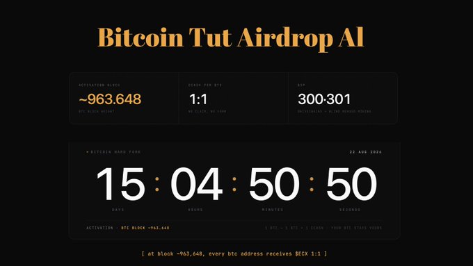 The image displays a promotional banner for the "Bitcoin Tut Airdrop," showing an accumulated block of ~963,648, a claim fee of 1:1 BTC to ECX, and a BEP-20 contract address ending in 300-301, with a countdown timer of 15 days, 04 hours, 50 minutes, and 50 seconds until a hard fork. It relates to the post by advertising an airdrop where BTC holders will receive ECX tokens at a 1:1 ratio at block ~963,648, promoting the project's legitimacy as a Bitcoin fork rather than another altcoin or meme coin.