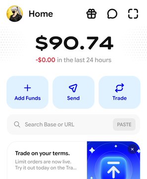 The image shows a crypto wallet home screen displaying a balance of $90.74 with no change in the last 24 hours, featuring options to Add Funds, Send, and Trade, along with a search bar for Base or URL. It visually represents the BaseApp interface from the first option mentioned in the post, which the author is comparing against Robinhood Crypto Chain paired with OpenSea's mobile app as their preferred 100x combo.