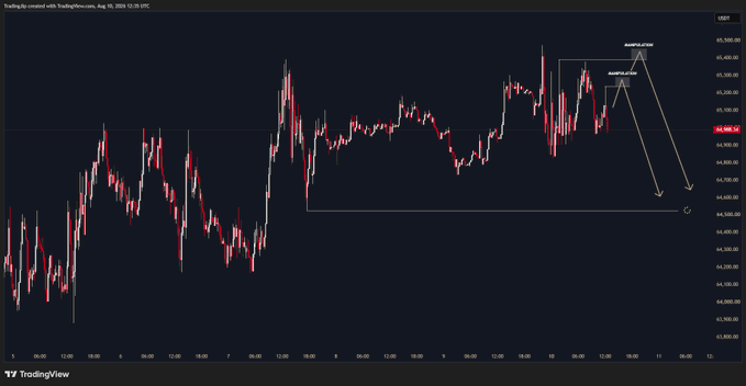 A TradingView candlestick chart for USDRUB (or similar USD pair) around August 10, 2025, showing price action with annotations indicating a "Bearish scenario" projecting downward targets via arrows from a recent high near 65,360. The chart illustrates a New York session trading plan with bearish projections extending toward the 64,260 support level.