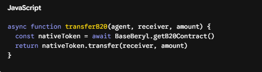The image shows a code block with a text box containing JavaScript code, which appears to be related to an AI agent or transfer function. The code seems to be written in a programming language like C++ or Java, as indicated by the presence of a cursor on the screen. The text box contains information about native B20 stablecoins and how they are being managed by the AI agent. This information is likely intended for users who want to understand more about the asset management functions provided by the AI agent.