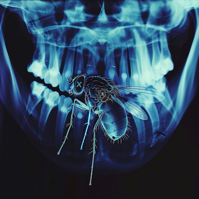 An x-ray image of a human skull and teeth overlaid with an illustration of a fly bearing an 'X' mark.