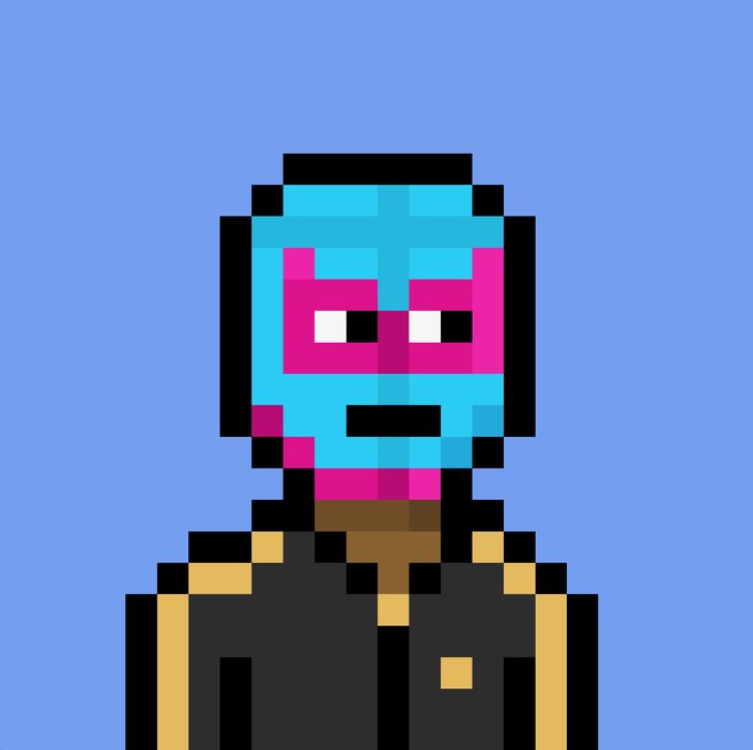 A pixel-art portrait of a blue-faced, pink-eyed Nakamigo character in a dark outfit. It accompanies the post “20,000 Nakamigos but this one’s mine,” highlighting one NFT as the owner’s personal favorite.