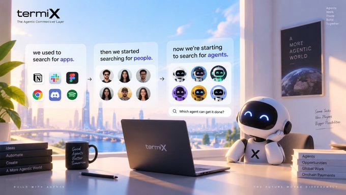 A promotional image for termiX ('The Agentic Commerce Layer') featuring a white robot mascot, a laptop, and three panels showing the evolution from searching for apps, to people, to agents, with a city skyline backdrop and references to global work and onchain payments.
