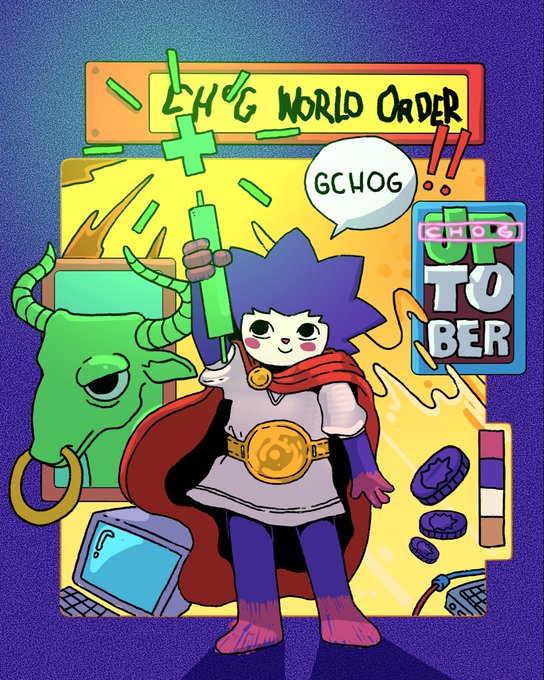A cartoon character with blue spiky hair, a red cape, and a golden belt stands triumphantly holding a green cross, with the text "CHOG WORLD ORDER" and a speech bubble saying "GCWOG" above, alongside "CHOG TOBER" and a green bull-like figure in the background. The image visually promotes the "Chogtober" event, a 15K prize pool competition with 15 whitelist spots, symbolizing the campaign's "Chog World Order" theme through its heroic, world-conquering mascot.