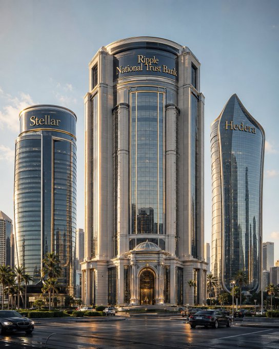 A grand facade bears the names "Ripple National Trust Bank," "Stellar," and "Hedera," three prominent blockchain-related entities, representing the institutional future of their respective cryptocurrencies ($XRP, $XLM, $HBAR). The imagery of towering, established financial buildings visually reinforces the post's message about the underlying technology becoming seamlessly integrated into everyday society, highlighting how early adopters are present at a pivotal moment before mass adoption occurs.