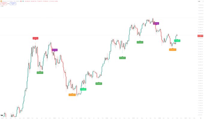 A candlestick chart displays a "Cycle Signal" indicator that plots colored "Bull Market," "Cycle Top," and "Cycle Bottom" labels at key turning points across price action, visually demonstrating how the indicator identifies major cyclical shifts in the market.