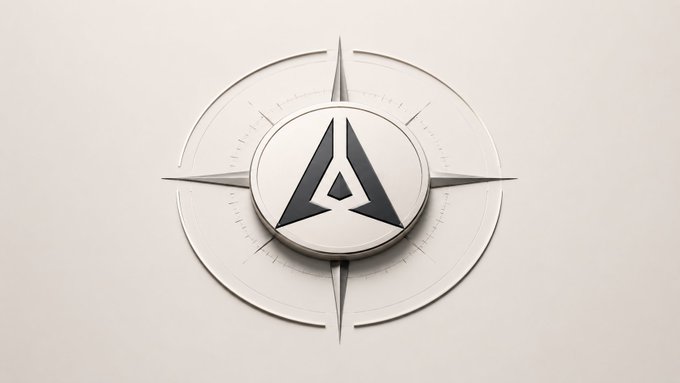 A minimalist logo design featuring a stylized triangular 'A' inside a compass-like circular emblem on a white background.