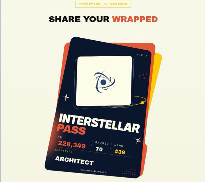 A digital "Interstellar Pass" card displayed against a light background with the header "SHARE YOUR WRAPPED," showing the holder's "Architect" archetype stats: 228,349 QE, 70 Badges, and Rank #39, matching the post's DAC testnet airdrop results.