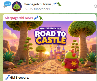 A Telegram channel preview for 'Sleepagotchi News' with 55,835 subscribers, showing colorful game artwork with text 'NEW LEVEL UNLOCKED! ROAD TO CASTLE' and 'GM Sleepers,'