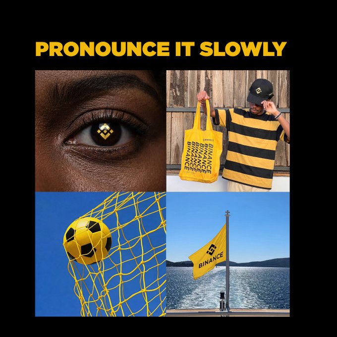 A 2x2 collage in Binance's signature yellow and black colors shows a Binance logo reflection in an eye, a person holding a yellow Binance tote bag while wearing a matching striped shirt and cap, a yellow and black soccer ball in a net, and a yellow Binance flag on a boat—with the header "PRONOUNCE IT SLOWLY" playfully tying together the brand's logo repeated multiple times across the imagery.