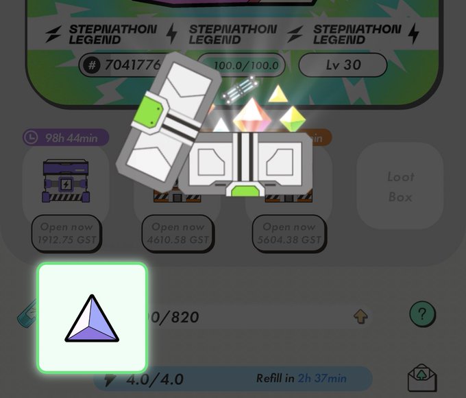 STEPN GO inventory screen showing STEPMATHON LEGEND NFT #7041776 at Lv 30 with 100.0/100.0 stats, alongside loot boxes available for GST purchase.