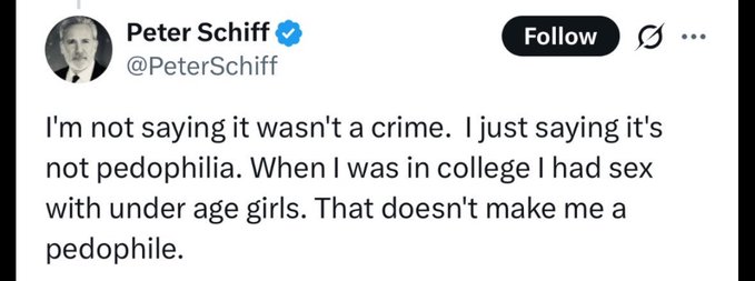 The image features a black and white post that reads, "Peter Schiff speedrun: -economist -called Bitcoin a ponzi for 10+ years - finally admits he almost boughtBTC at $1 - regrets not buying, but says he would've hated himself if it worked". The post is written by Peter Schiff, who is known as a gold maximalist. The text in the post is about bitcoiners and their supposed "cult", with Schiff discussing Bitcoin and possibly implying that they are part of an exclusive group or cult.