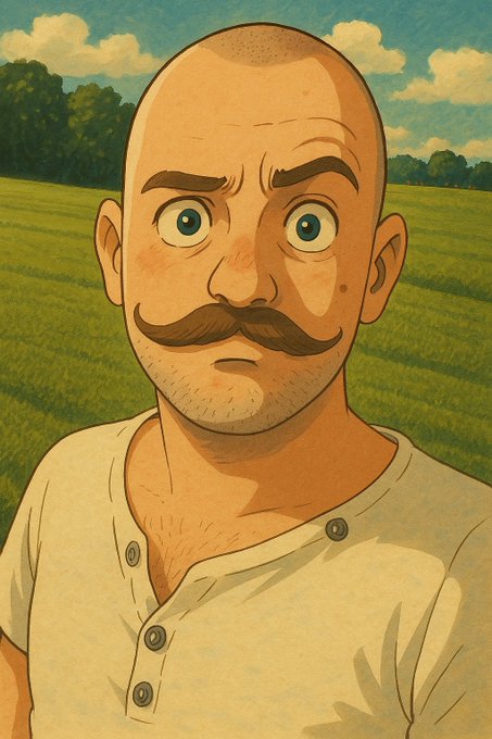A digital illustration shows a bald man with a brown mustache and wide blue eyes wearing a cream-colored henley shirt, standing in a green grassy field under a partly cloudy sky.