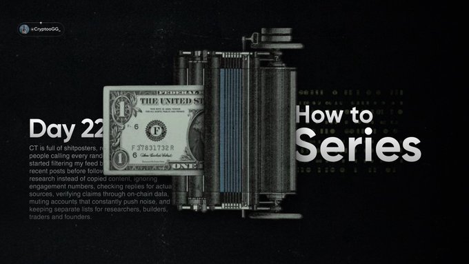 A promotional graphic titled 'Day 22' with text about crypto shillers and engagement metrics, alongside an image of a dollar bill and industrial machinery, and the text 'How to Series' by @CryptoQG.
